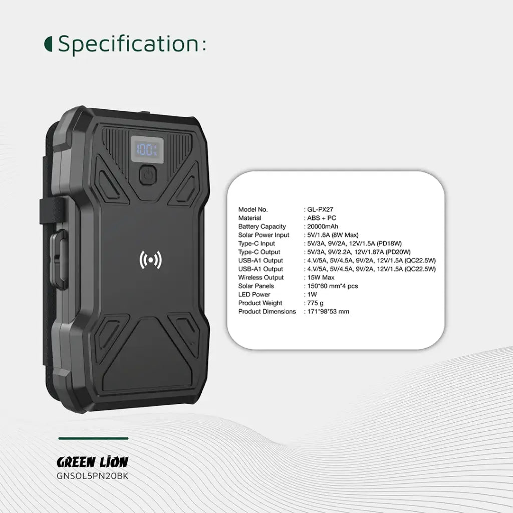 Green Lion Solar 5-Panel 20000mAh Power Bank PD20W - Black