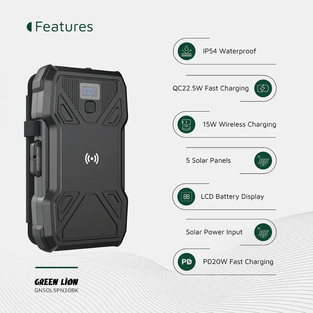 Green Lion Solar 5-Panel 20000mAh Power Bank PD20W - Black