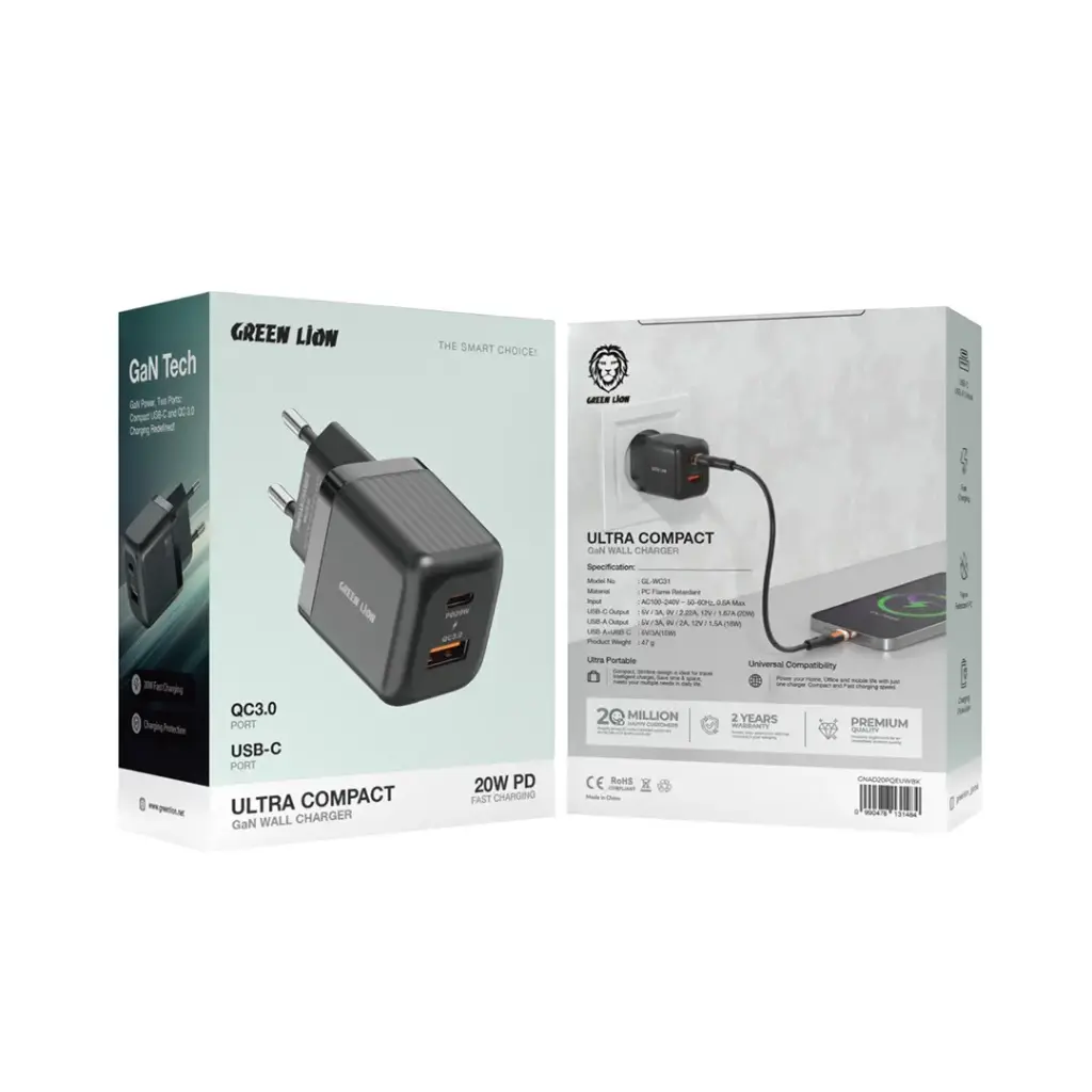 Green Lion Ultra Compact GaN Wall Charger EU Pin A+C 20W (with C to C / C to L Cable) - Black