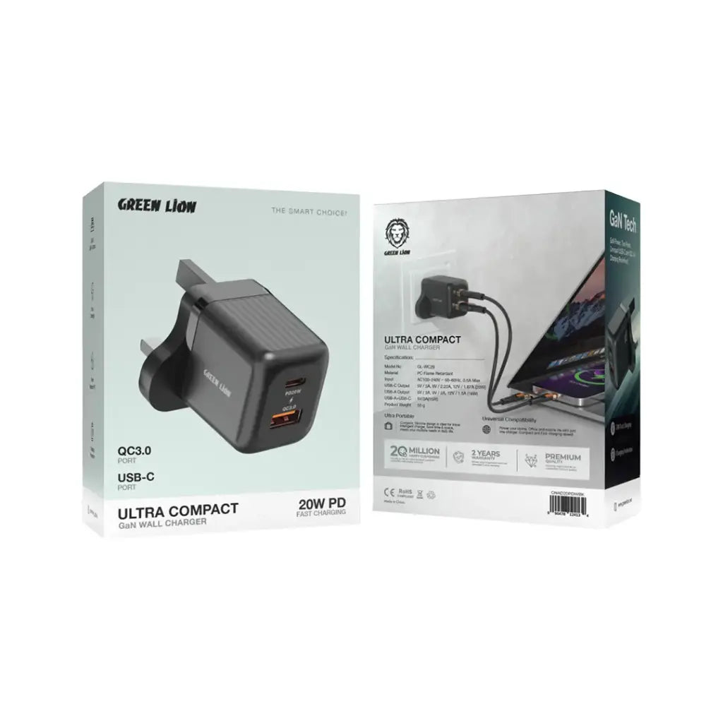 Green Lion Ultra Compact GaN Wall Charger UK Pin A+C 20W (with C to C / C to L Cable) - Black