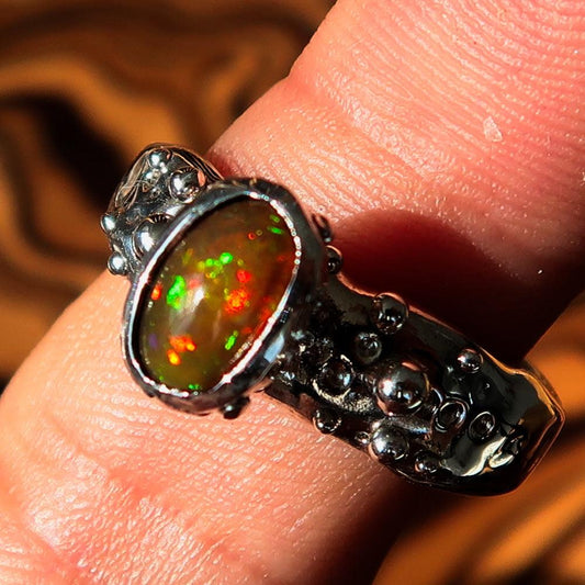 Natural Opal Ring, Opal Ring, Sterling Silver Solitaire Ring, oval Multi color Opal, handmade silver ring, unique design, red Opal - Size 10-0