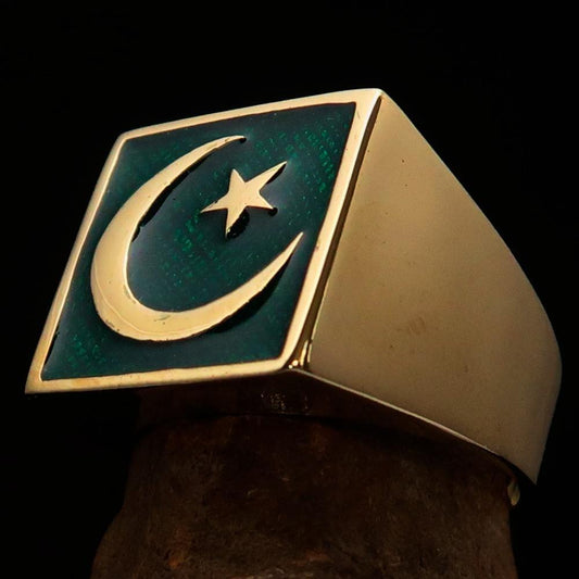 Perfectly crafted Men's Ring Crescent Moon and Star Green - Solid Brass-0