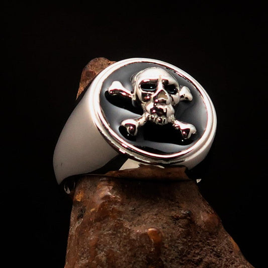 Nicely crafted Men's Pirate Ring black Jolly Roger crossed Bones Skull - Sterling Silver-0
