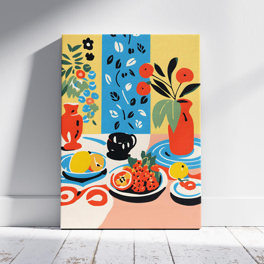 Colourful Table with Fruit Arrangement - Framed Canvas Wall Art Print-0