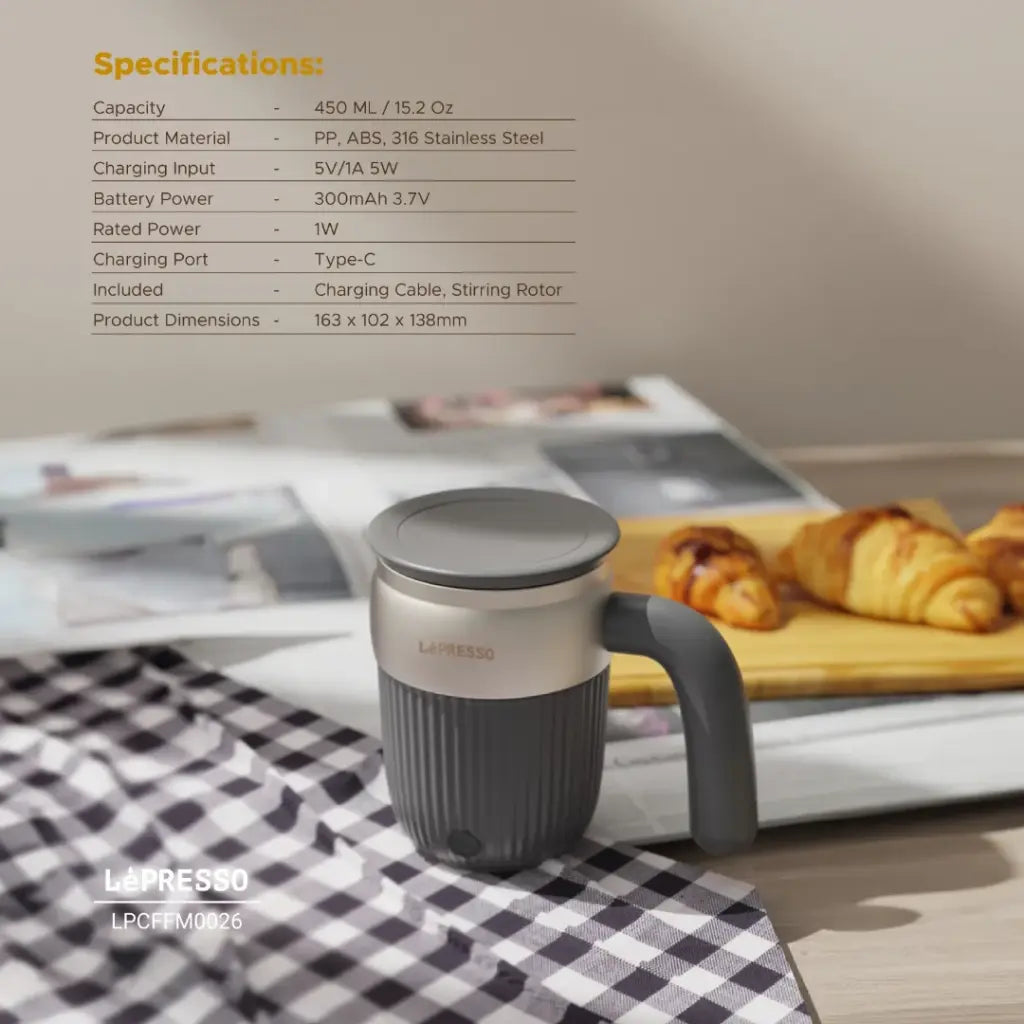 Lepresso Auto Magnetic Stirring Mug 450mL - Gray