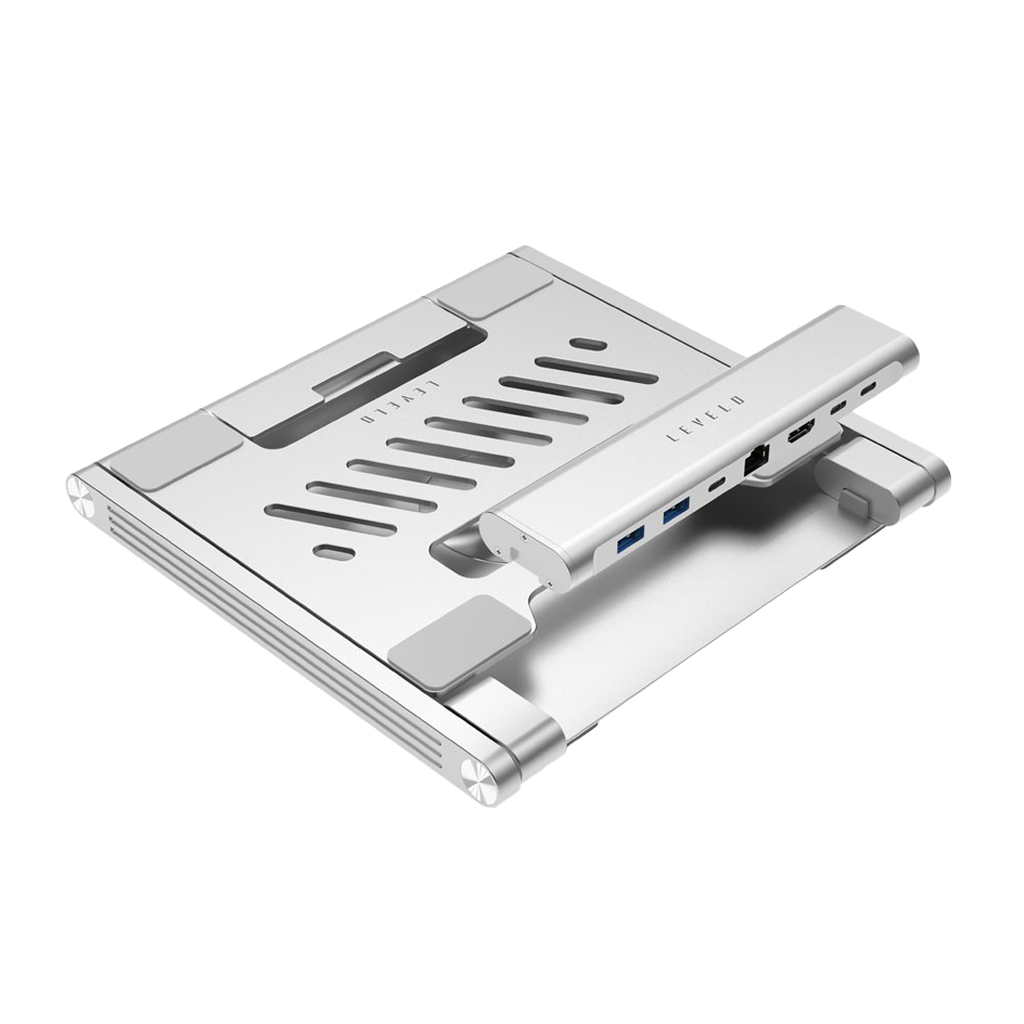 Levelo AeroLink Laptop Stand With Built-In Portable 7 In 1 Hub - Silver