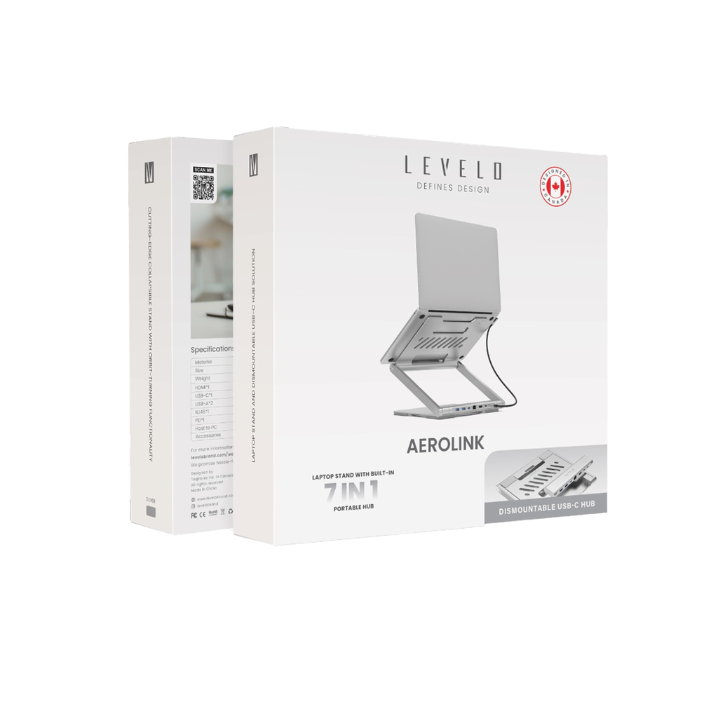 Levelo AeroLink Laptop Stand With Built-In Portable 7 In 1 Hub - Silver