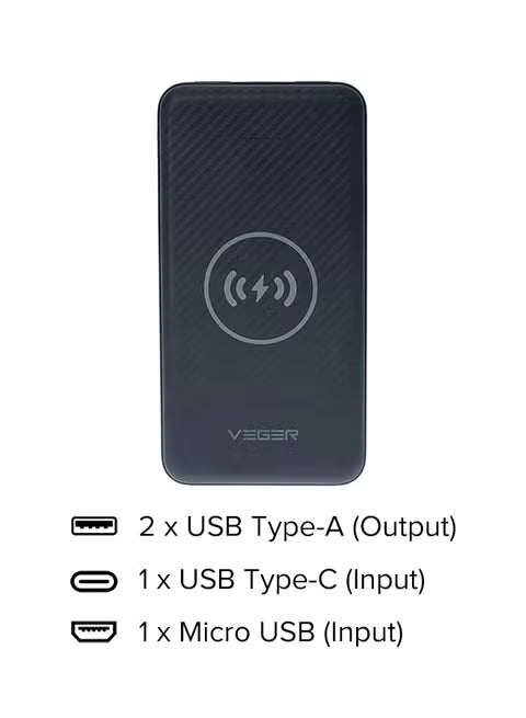 VEGER 20,000mAh Wireless Power Bank – 10.27W Fast Charging, Black