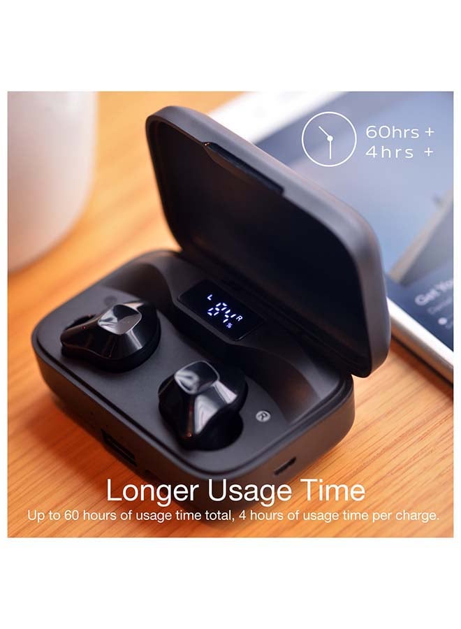 Max TWS Noise Cancellation Earbuds, 2600 mAh Charging Case, 60 Hours Usage Time, 4+ hours Playing Time, IPX4 Water Resistance, LCD Indicator, Single Driver - HD Audio Quality, Touch Control, Bluetooth 5.0, 2600 mAh Power Bank with USB-A Output black