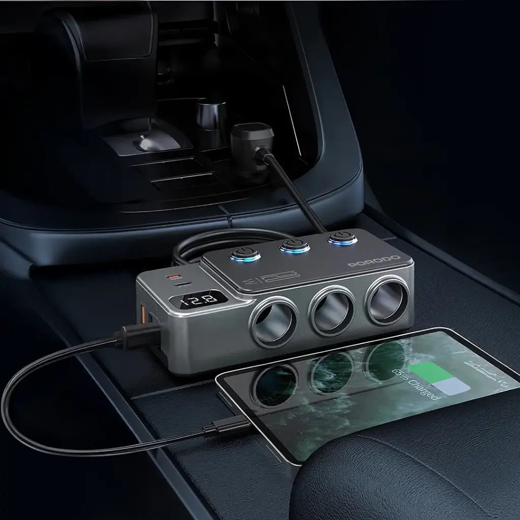 Porodo 120W Car Charger Hub Triple-Port Lighter Socket - Dark Gray