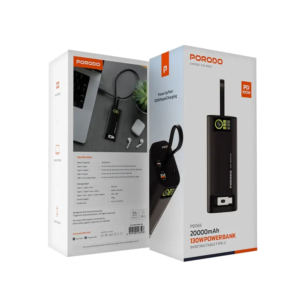 Porodo 20000mAh 130W Power Bank 1M Retractable Type-C Cable - Black