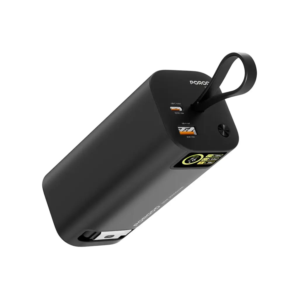 Porodo 20000mAh 130W Power Bank 1M Retractable Type-C Cable - Black