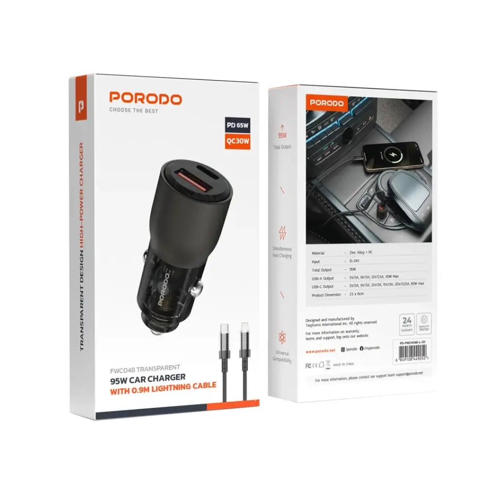 [PD-FWCH048-L-GY] Porodo 95W Car Charger Transparent With 0.9M Lightning Cable (Grey)