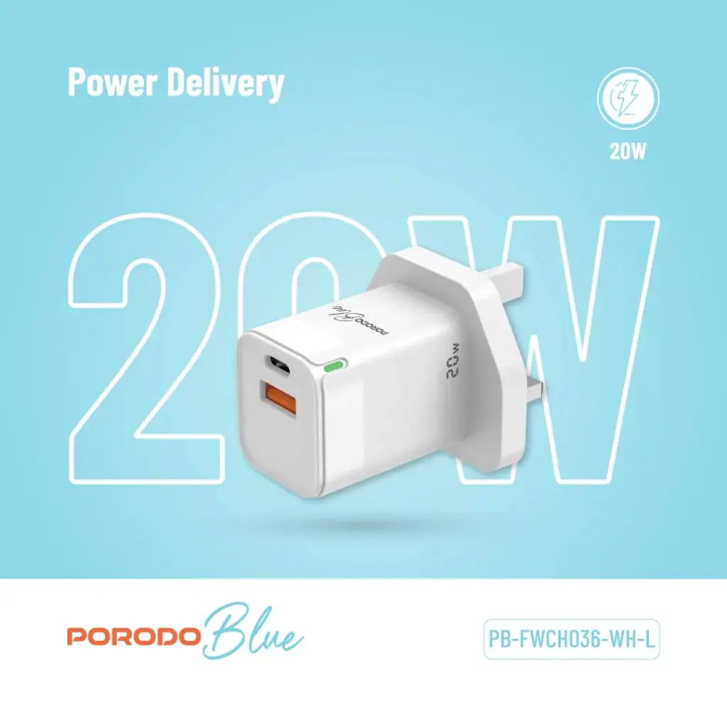 Porodo Blue Ultra-Quick Charger USB-A to USB-C (1m Lightning Cable Included) - White