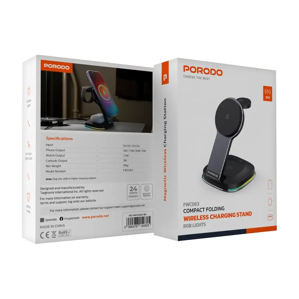 Porodo Compact Folding Wireless Charging Stand - Black