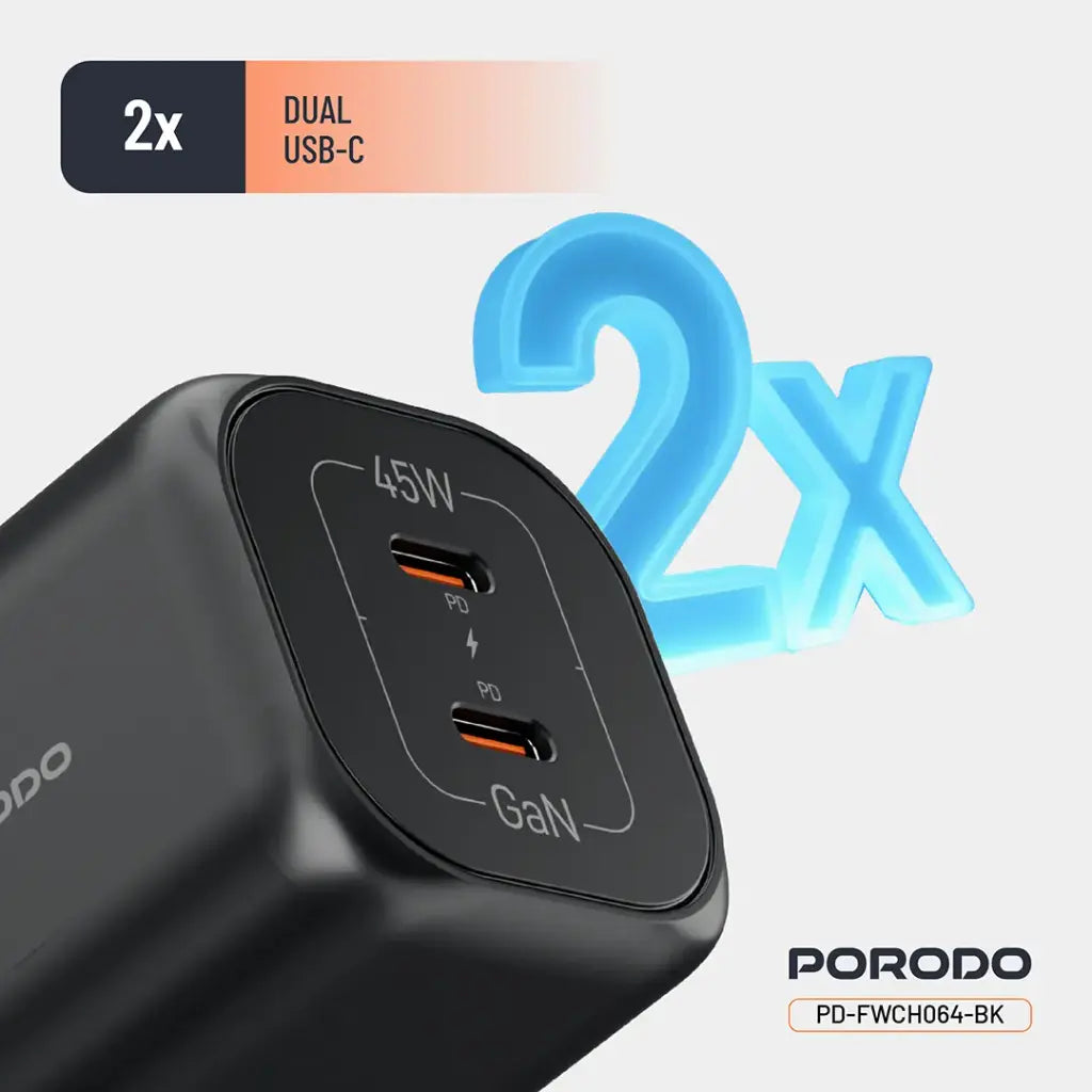 Porodo Dual USB-C Quick Charger - Black