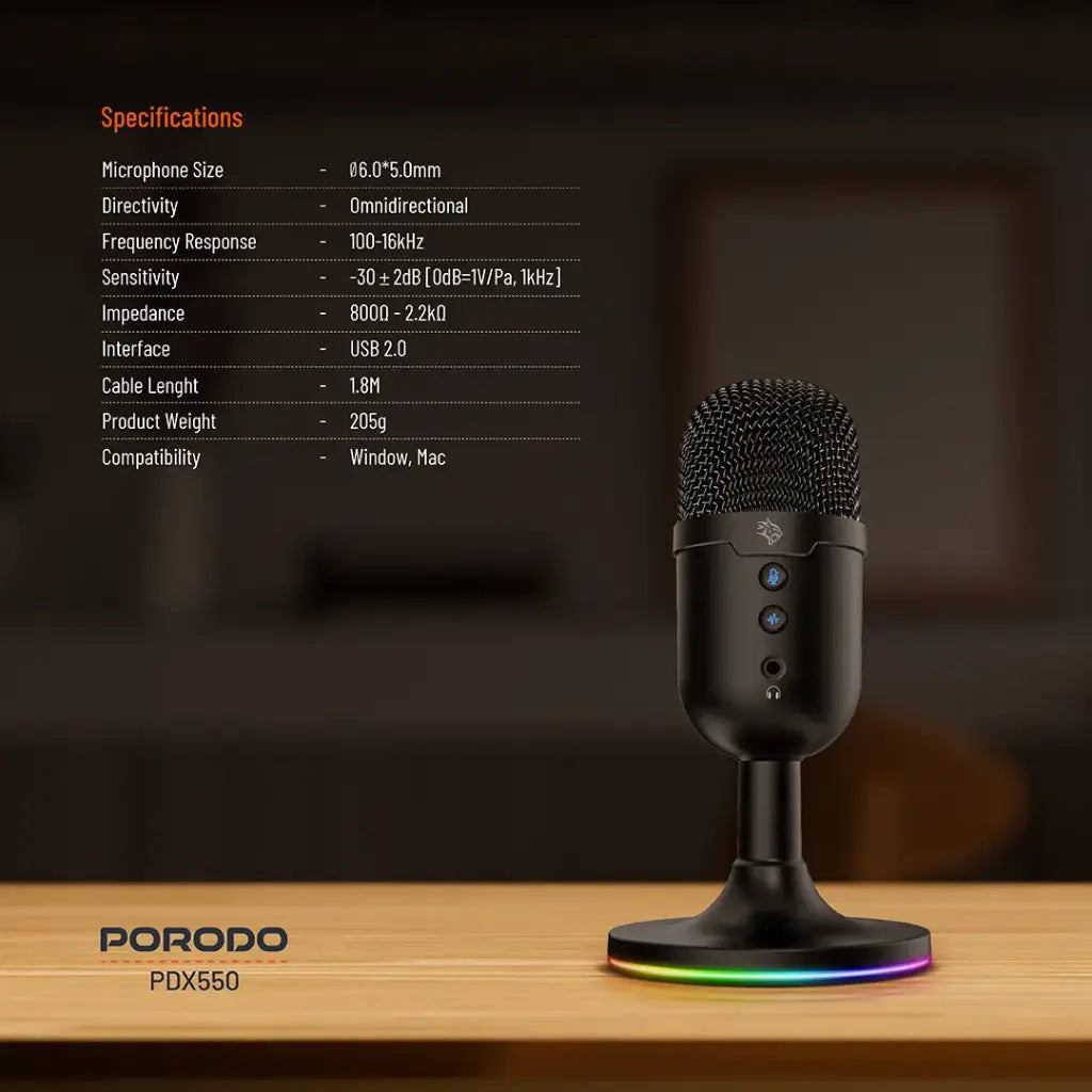 Porodo Gaming Omni-Directional USB Microphone - Black