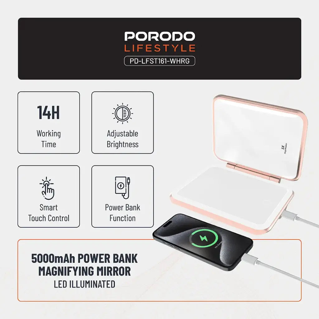 Porodo Lifestyle 5000mAh Power Bank Magnifying Mirror - White/Rose Gold
