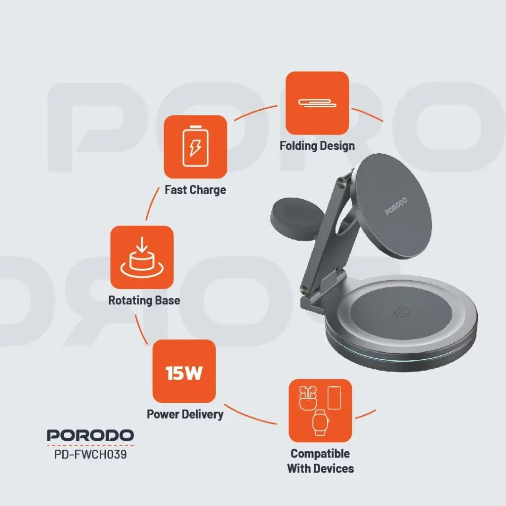 [PD-FWCH039-GY] Porodo Rotating Base Three-Device Wireless Charger - Gray
