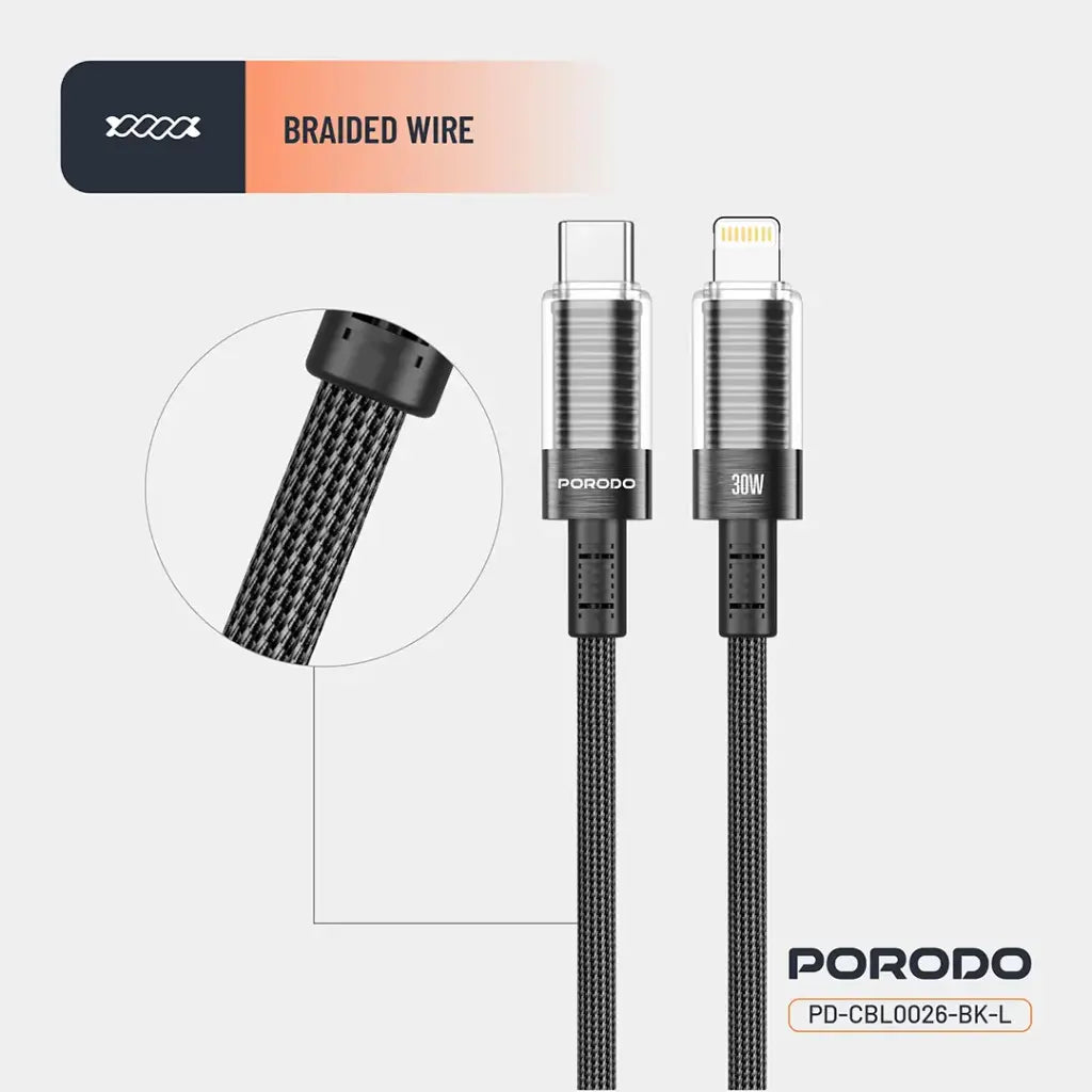 Porodo Transparent Shell USB-C To Lightning Cable - Black