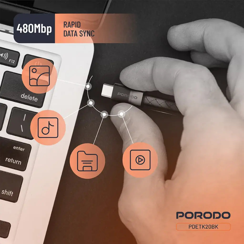 [PDETK20BK] Porodo USB-C to USB-C Wristband Cable Magnetic Steel Clasp (Black)