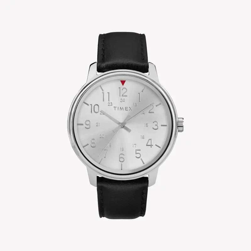 Timex Men's Black Leather Watch, Silver Dial | TW2R85300-0