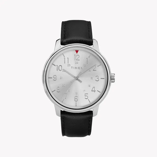 Timex Men's Black Leather Watch, Silver Dial | TW2R85300-0