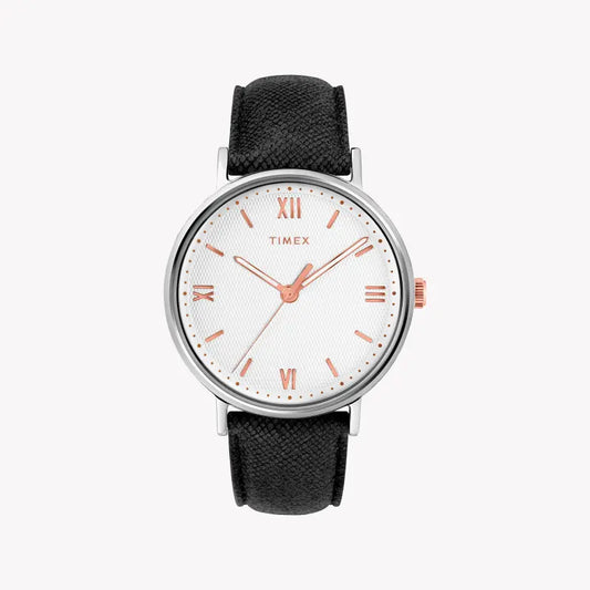 Timex Men's Brass Watch, White Dial, Black Leather Strap | TW2T34700-0