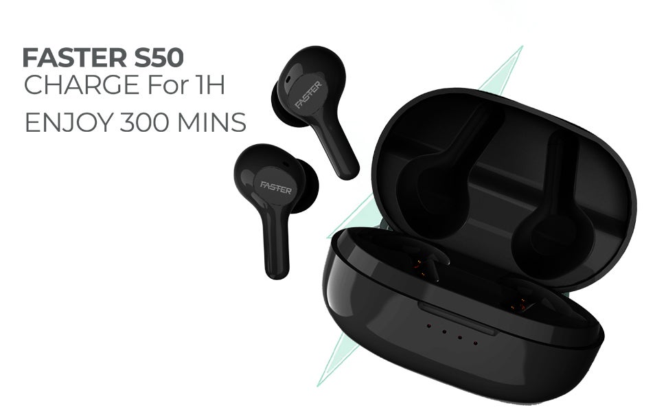 Faster S50 Wireless Earbuds with Active Voice Assistant - 6 Hours Playtime - HiFi Stereo Sound - Bluetooth Earphones with Ultra-Low Latency - IPX5 Sweat & Splash Proof - For Exercise, Gym - Compatible with iPhone & Android (White)