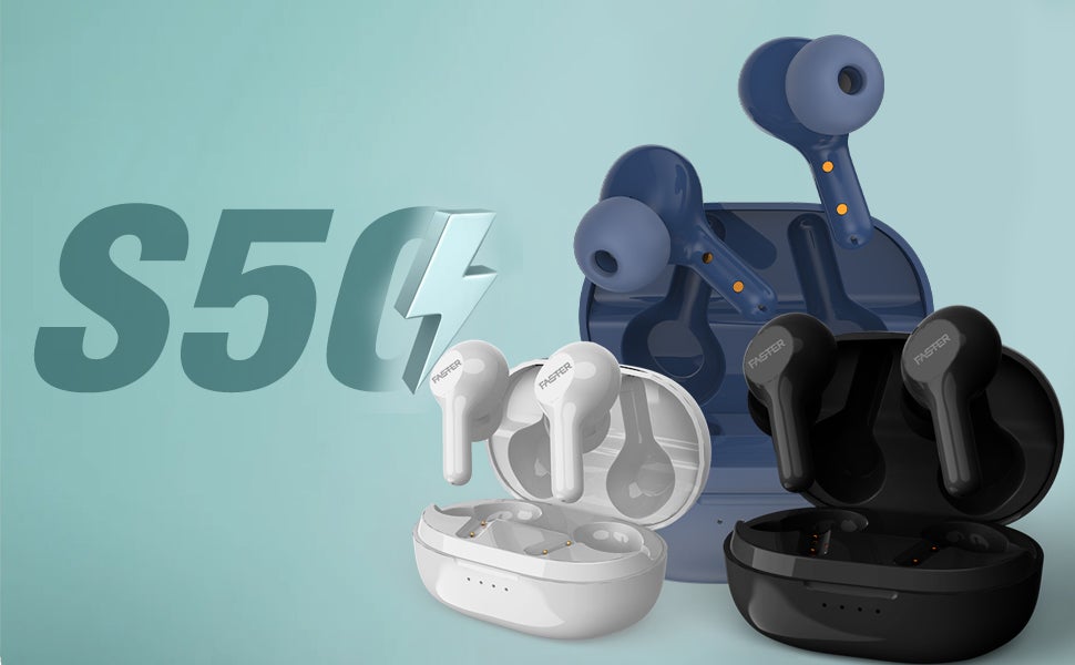 Faster S50 Wireless Earbuds with Active Voice Assistant - 6 Hours Playtime - HiFi Stereo Sound - Bluetooth Earphones with Ultra-Low Latency - IPX5 Sweat & Splash Proof - For Exercise, Gym - Compatible with iPhone & Android (White)