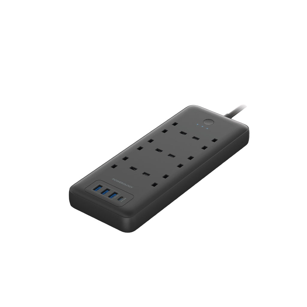 [PWPS48WBK] Powerology 48W 6AC 1x PD USB-C and 3x QC USB-A Power Strip with UK Plug - Black