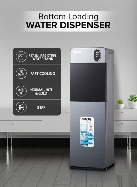 Bottom Loading Water Dispenser| Normal, Hot and Cold Function, Compressor Cooling, And 3 Taps| Cold Temperature: 4-12 Degrees Celsius; Hot Temperature: 85-95 Degrees Celsius| Perfect For Home and Office| Metallic grey, 2 Year Warranty GWD17037 Grey & Black