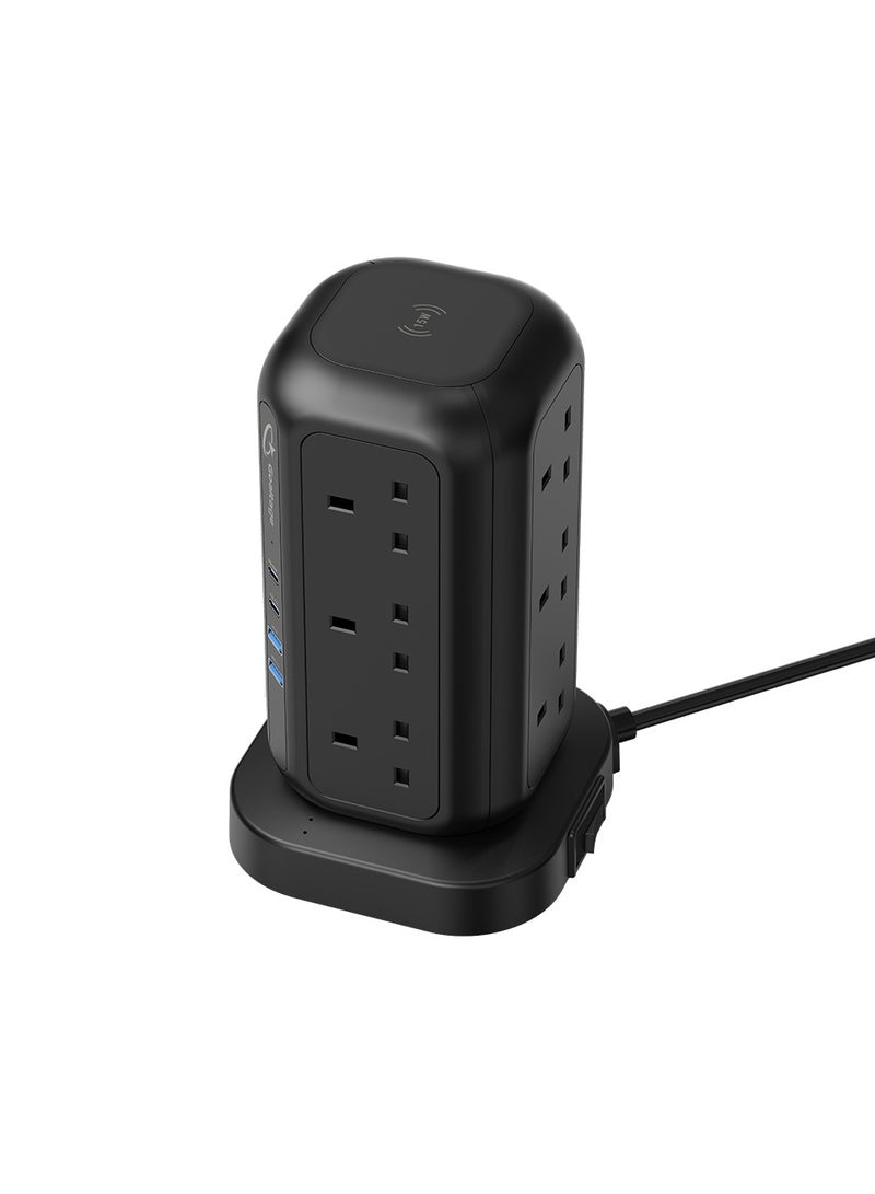 PowerStrip Tower 3250W GaN Extension with Safety Protection and Wireless Fast-Charge Functionality