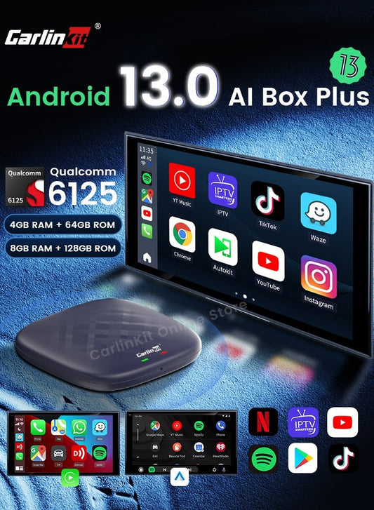 Carlinkit CarPlay AI Box Android 13 4+64GB/8+128GB TV Wireless CarPlay And Android Auto SDM6125 4G LTE Netflix YouTube Google Play IPTV FOTA