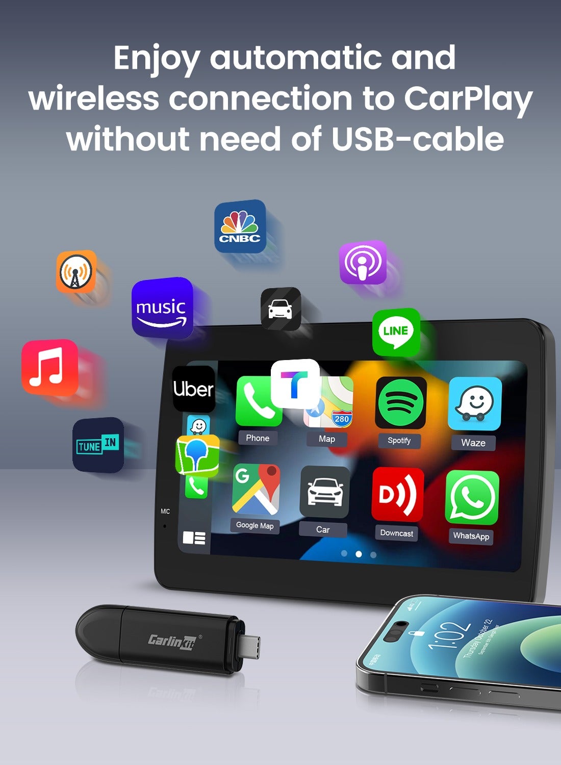 MINISE Wireless CarPlay Adapter USB-A/C for iPhone Convert Wired to Wireless Carplay Fast-Connect Plug&amp;Play FOTA