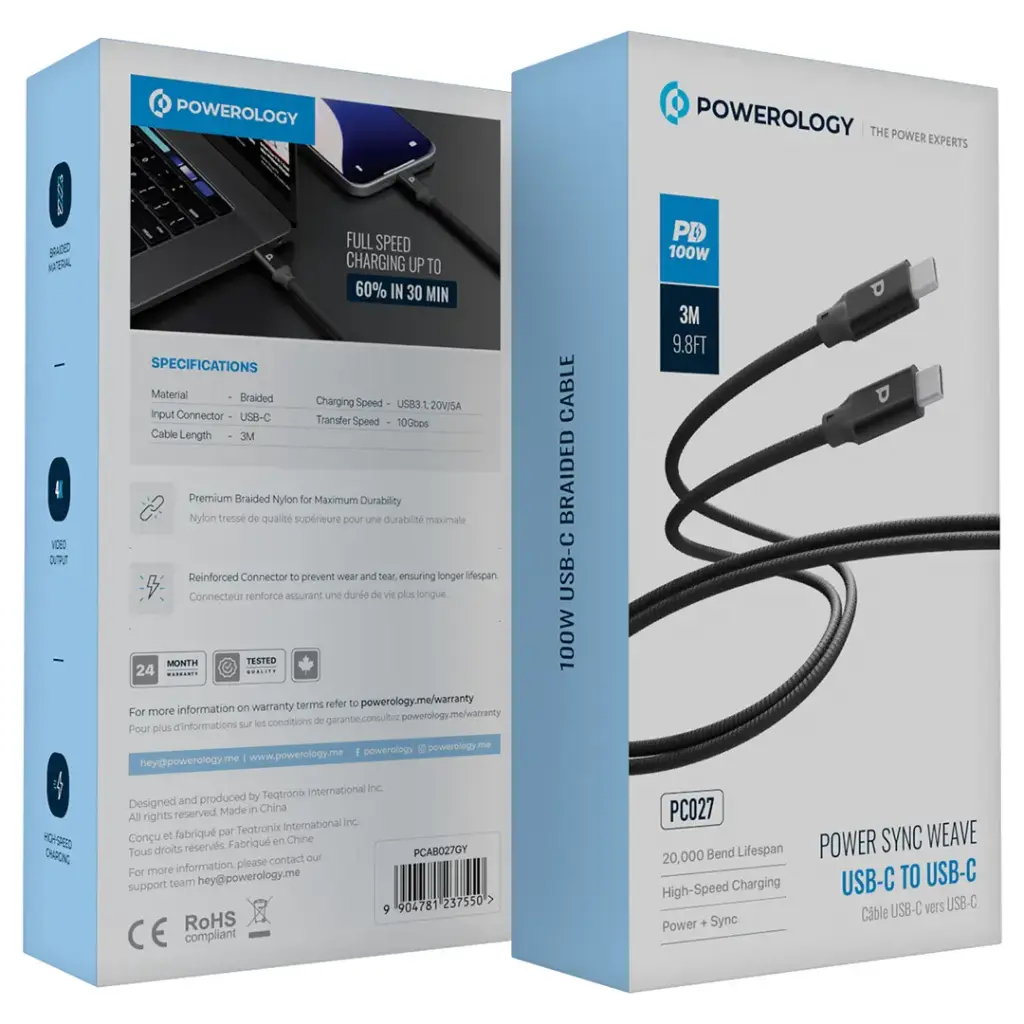 [PCAB027GY] Powerology Power Sync Weave USB-C to USB-C 3m Cable PD 100W - Gray
