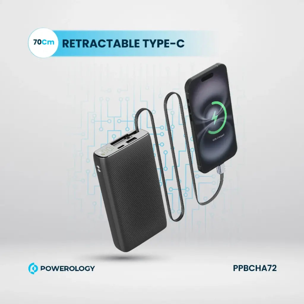 [PPBCHA72] Powerology 20000mAh Retractable Cable Power Bank - Black