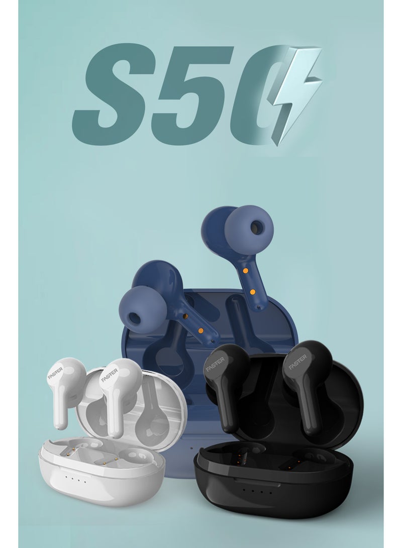 Faster S50 Wireless Earbuds with Active Voice Assistant - 6 Hours Playtime - HiFi Stereo Sound - Bluetooth Earphones with Ultra-Low Latency - IPX5 Sweat & Splash Proof - For Exercise, Gym - Compatible with iPhone & Android (White)