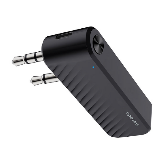 Porodo Bluetooth Audio Transmitter with Dual AUX Jack, Built-in Battery, 200mAh Battery Capacity, Bluetooth Version 5.1, 7m Operation Range, 10 Hours Working Time, 2 Hours Charging Time, Type-C Charging Port, Jack 3.5mm Connector, In- Flight Adapter - Black