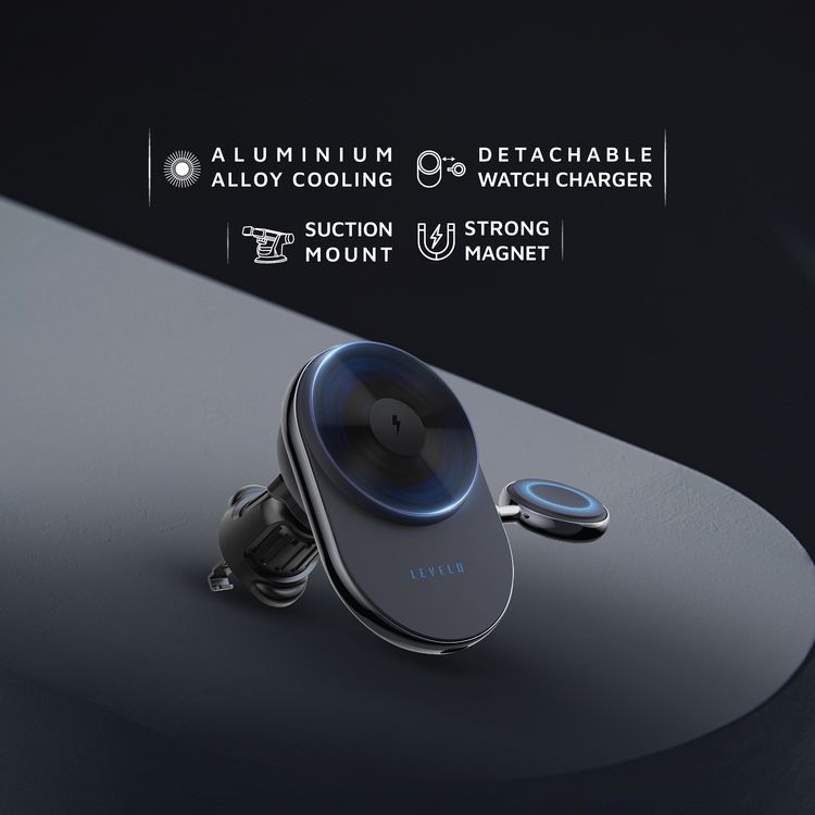 Levelo Siena 2-in-1 Wireless Car Charger with 15W Fast Wireless Charging, Detachable Watch Charger, Aluminum Alloy Cooling, Suction Mount, Efficient Heat Dissipation, Strong Magnet, Vertical & Horizontal Air Vents - Black