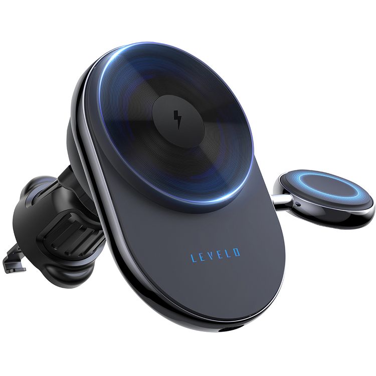 Levelo Siena 2-in-1 Wireless Car Charger with 15W Fast Wireless Charging, Detachable Watch Charger, Aluminum Alloy Cooling, Suction Mount, Efficient Heat Dissipation, Strong Magnet, Vertical & Horizontal Air Vents - Black