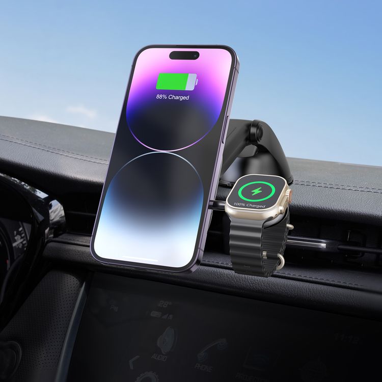 Levelo Siena 2-in-1 Wireless Car Charger with 15W Fast Wireless Charging, Detachable Watch Charger, Aluminum Alloy Cooling, Suction Mount, Efficient Heat Dissipation, Strong Magnet, Vertical & Horizontal Air Vents - Black