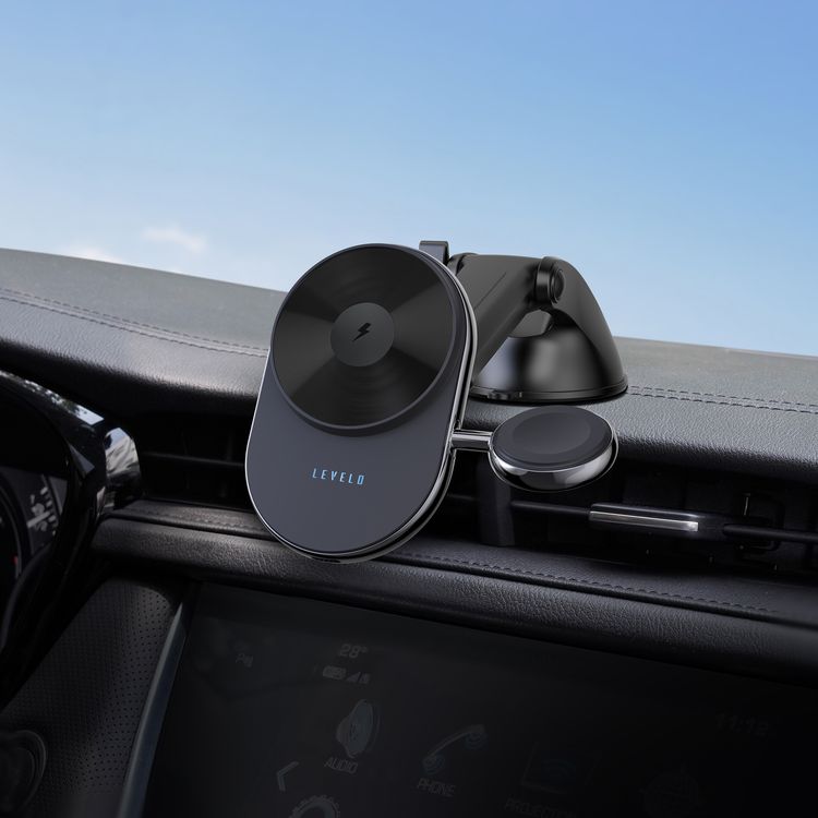 Levelo Siena 2-in-1 Wireless Car Charger with 15W Fast Wireless Charging, Detachable Watch Charger, Aluminum Alloy Cooling, Suction Mount, Efficient Heat Dissipation, Strong Magnet, Vertical & Horizontal Air Vents - Black