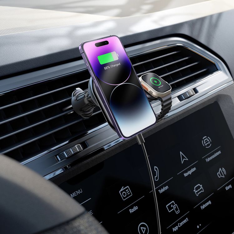 Levelo Siena 2-in-1 Wireless Car Charger with 15W Fast Wireless Charging, Detachable Watch Charger, Aluminum Alloy Cooling, Suction Mount, Efficient Heat Dissipation, Strong Magnet, Vertical & Horizontal Air Vents - Black