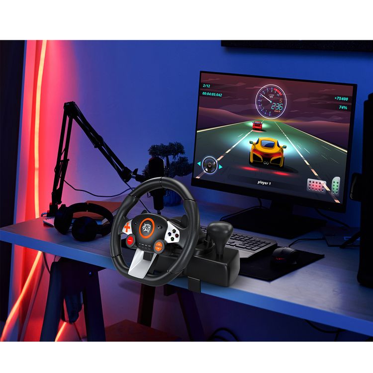 Porodo Gaming 7-in-1 Steering Wheel with Quick Pedal, Plug & Play, Gear Lever, 270° Coil-spring Mechanism, 10" Racing Wheel, 96mA Vibration Motor Operating Current - Black