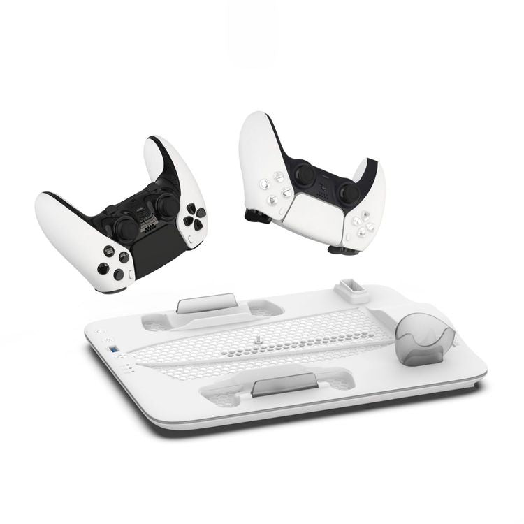 Porodo Gaming PS5 Slim Stand with Magnetic Charger, Built in Safeguards, 5 Disk Slots, Atmospheric Lighting, 4 Hours PS5 Controller Charging, Adjustable Cooling - White