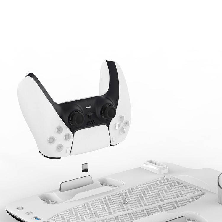 Porodo Gaming PS5 Slim Stand with Magnetic Charger, Built in Safeguards, 5 Disk Slots, Atmospheric Lighting, 4 Hours PS5 Controller Charging, Adjustable Cooling - White