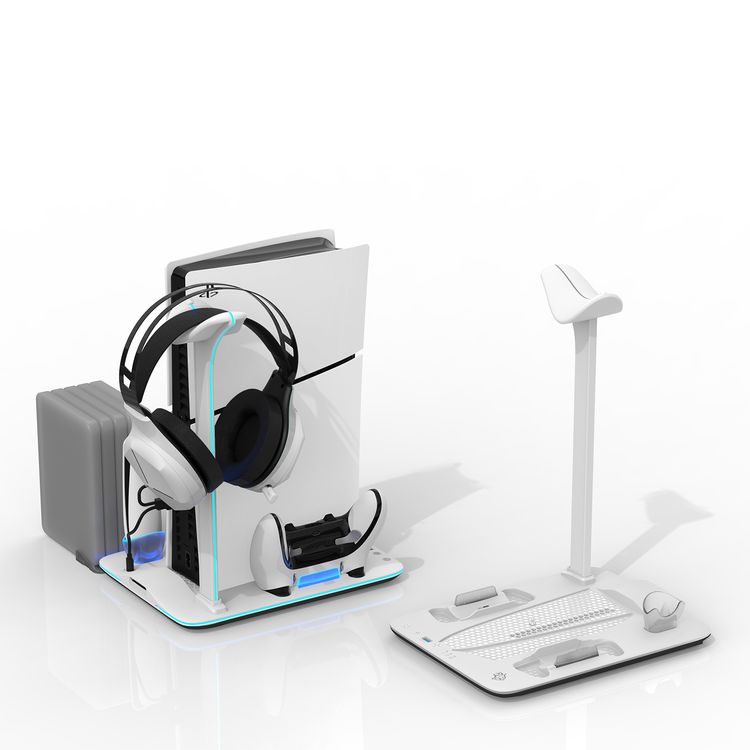Porodo Gaming PS5 Slim Stand with Magnetic Charger, Built in Safeguards, 5 Disk Slots, Atmospheric Lighting, 4 Hours PS5 Controller Charging, Adjustable Cooling - White