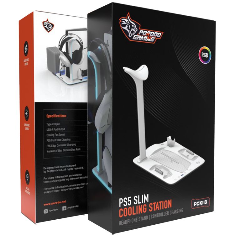Porodo Gaming PS5 Slim Stand with Magnetic Charger, Built in Safeguards, 5 Disk Slots, Atmospheric Lighting, 4 Hours PS5 Controller Charging, Adjustable Cooling - White