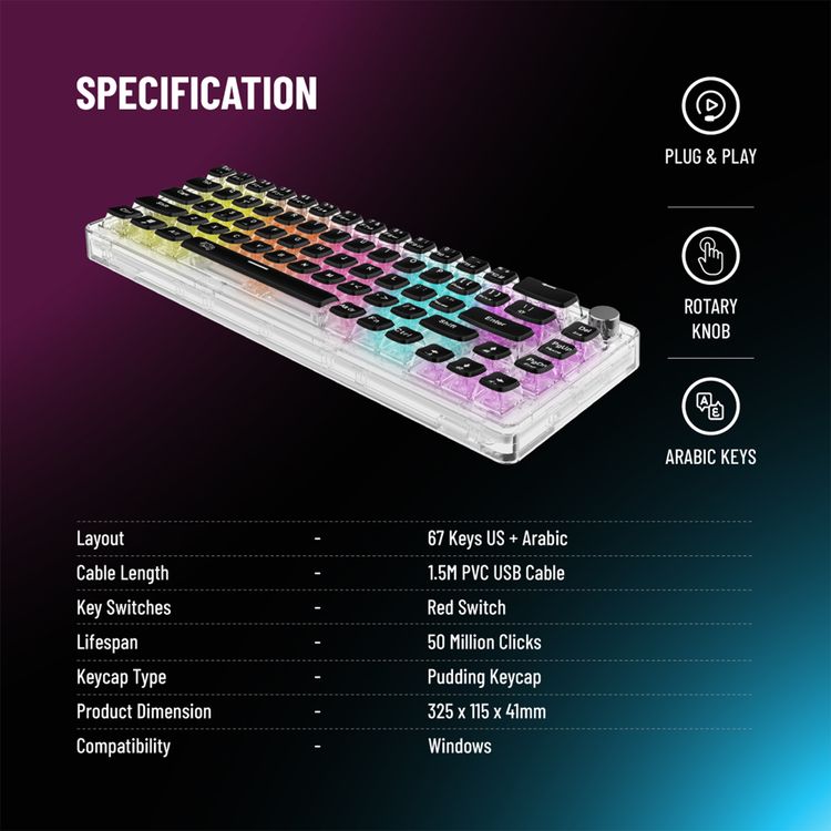 Porodo Gaming Pudding Keycaps Transparent Mechanical Keyboard Multi-Function Rotary Knob With 67 English + Arabic Keys, 50+ Million Clicks Lifespan, 1.5-Meter PVC USB - Transparent